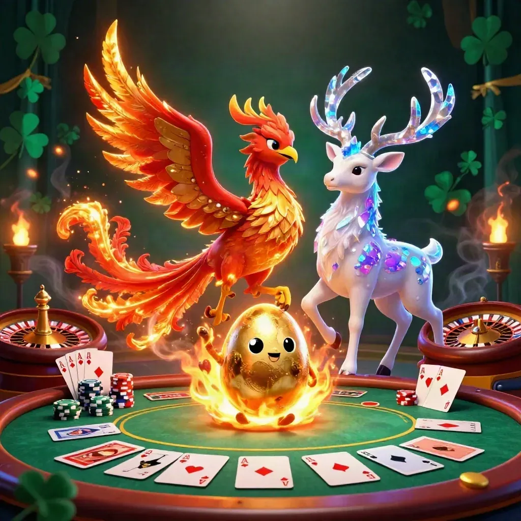 Ateşli bir anka, genç anka ve kristal boynuzlu geyik ile gösterişli casino sahnesi