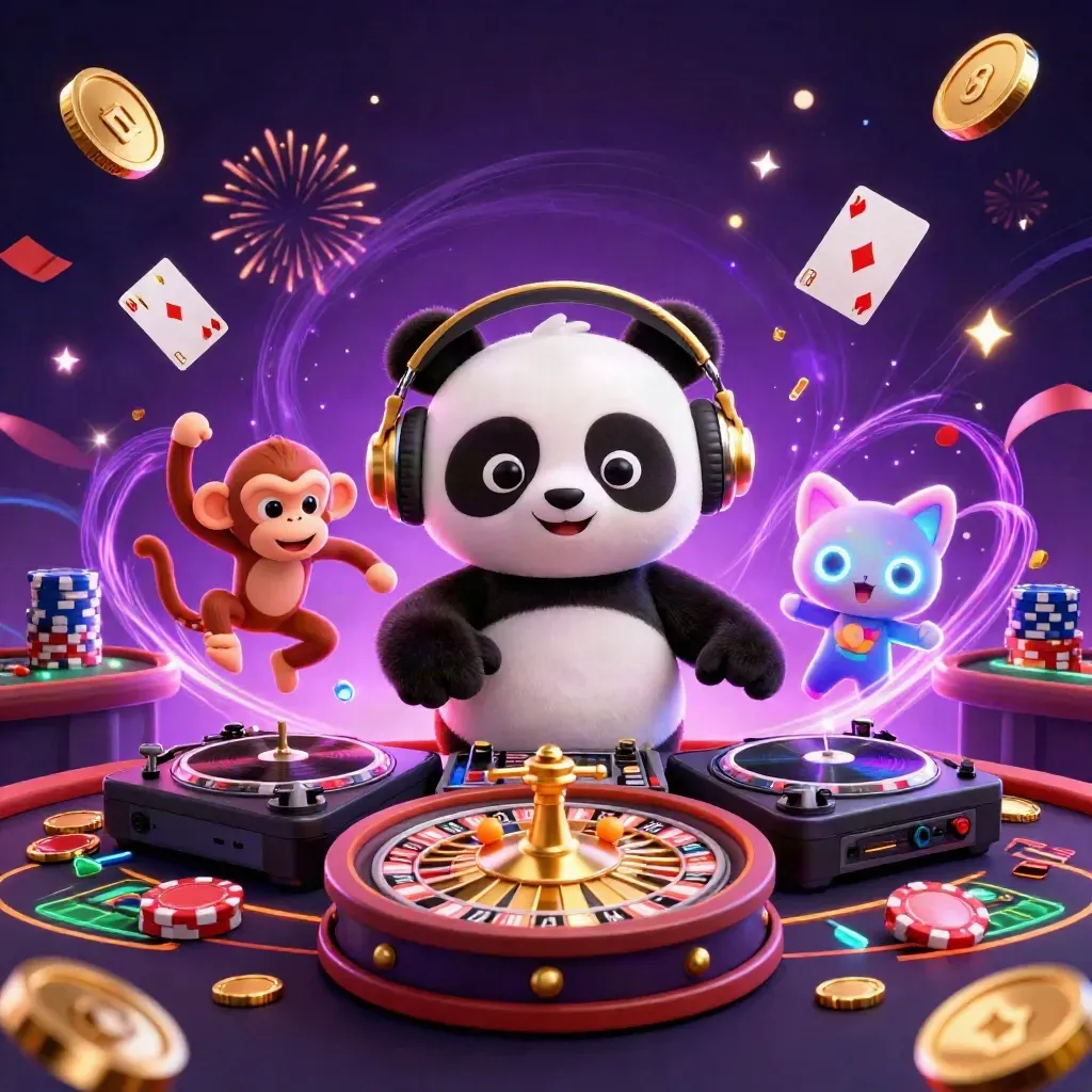 Altın ruletlerde DJ panda, dans eden maymun ve neon kedili görkemli bir casino sahnesi.