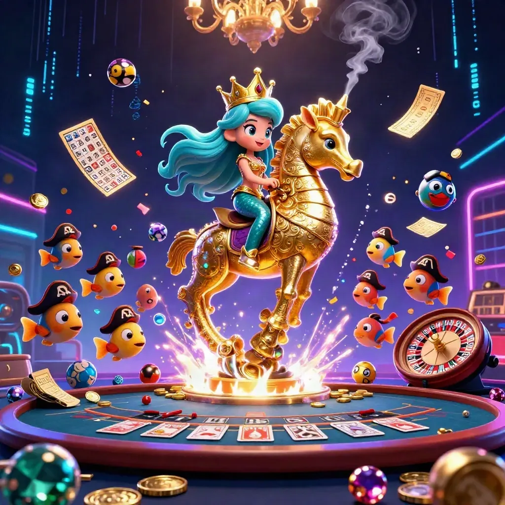 Turkuaz saçlı denizkızı prenses, zırhlı denizatı ve neon casino efektleri.