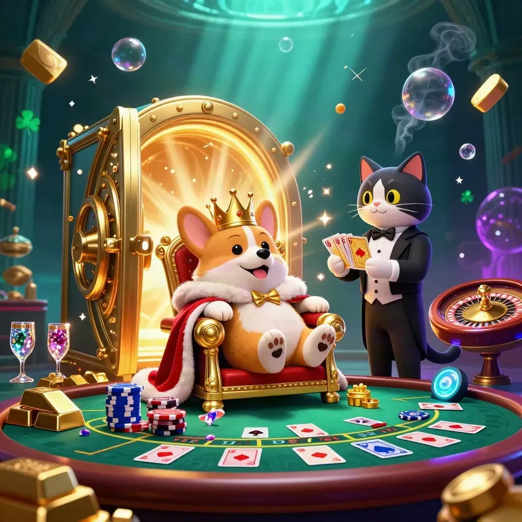 Tahtta korona takmış korgi ve garson kedi, altın kasa ışığı ve kumarhane parıltıları.