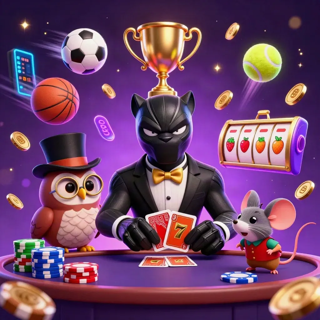 Smokinli kara panter, silindirli baykuş ve kırmızı yeleli fare; mavi neonlu casino kaosu.