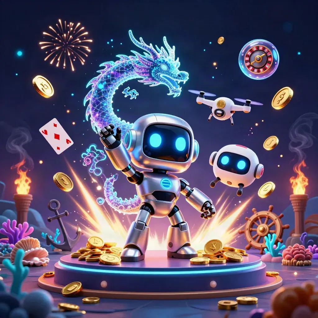 Neon mavi robot, dijital ejderha ve coin drone ile hazine patlaması, altınlar ve kumar sembolleri uçuşuyor.