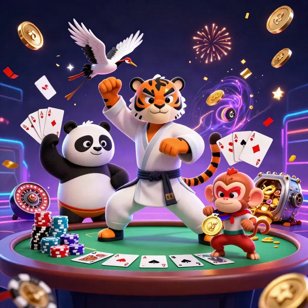 Kaplan, panda ve maymun altınlar ve casino öğeleri arasında coşkulu biçimde sıçrıyor.