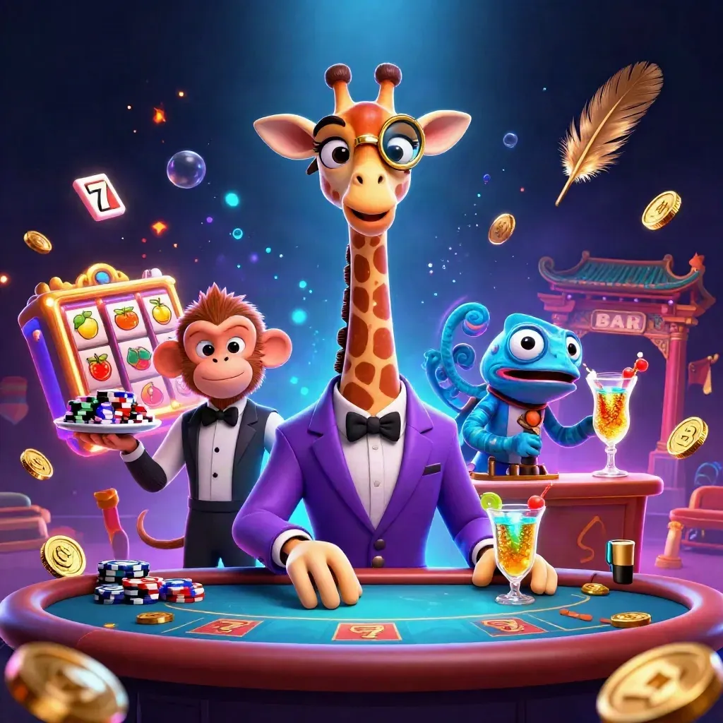 Mor takım elbiseli zürafa, maymun ve bukalemunun lüks casino sahnesi.