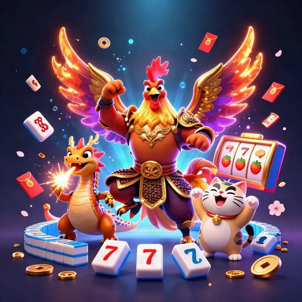 Altın zırhlı horoz savaşçı, ejder yavrusu ve şans kedisiyle neon casino patlaması.