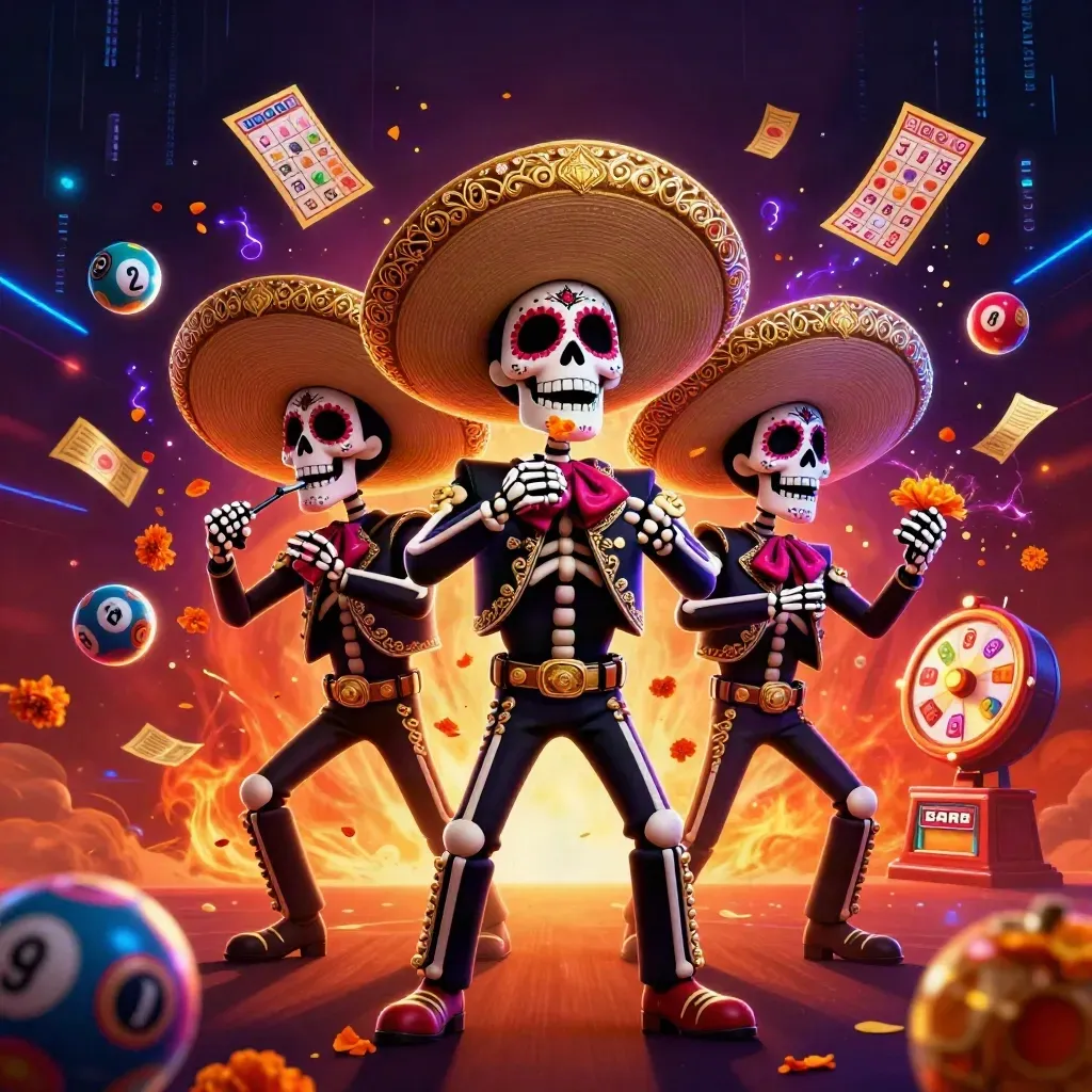 Üç iskelet mariachi, altın şapkalarla ve casino efektleriyle patlıyor.