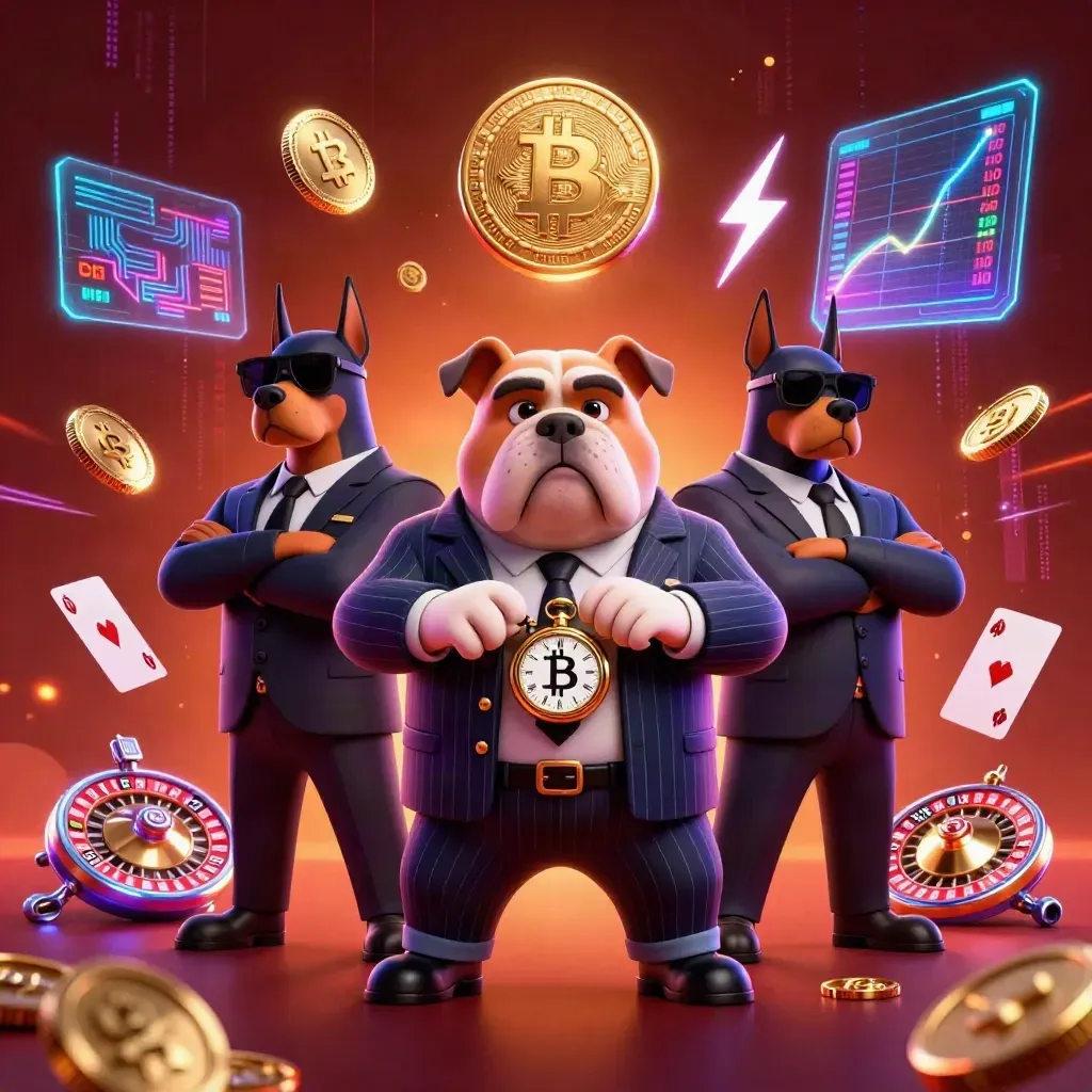 Takım elbiseli bulldog ve iki Doberman, neon kripto paralar ve slot sembolleriyle çevrili.