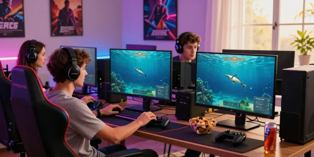 Exciting online gaming session featuring du88 fishing game on colorful LED-lit setup.