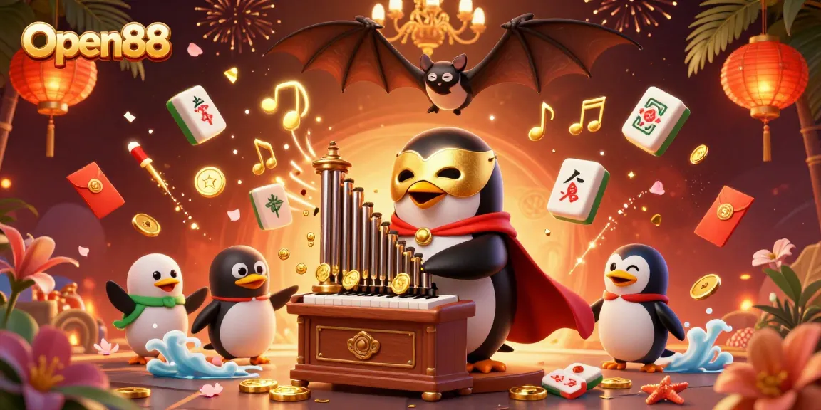 Engage with Open88's vibrant casino world, featuring golden coins, games, and festive elements.
