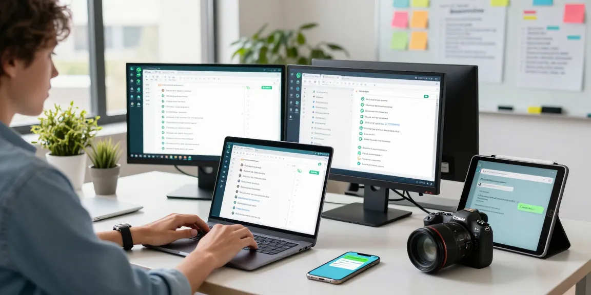 Efficient workspace using WhatsApp電腦版 on multiple screens, showcasing modern remote work productivity.