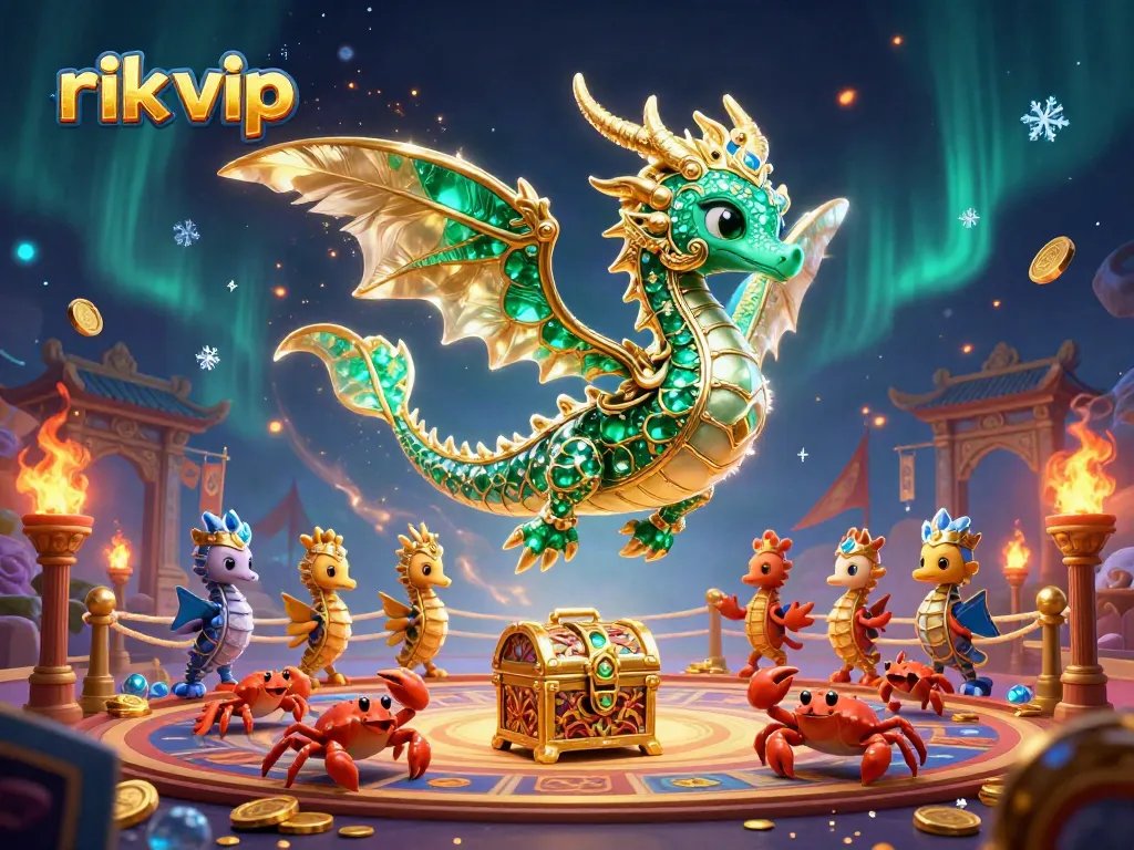 Experience thrilling gameplay at rik vip with a lively sea dragon and royal seahorse amidst a treasure-filled casino.
