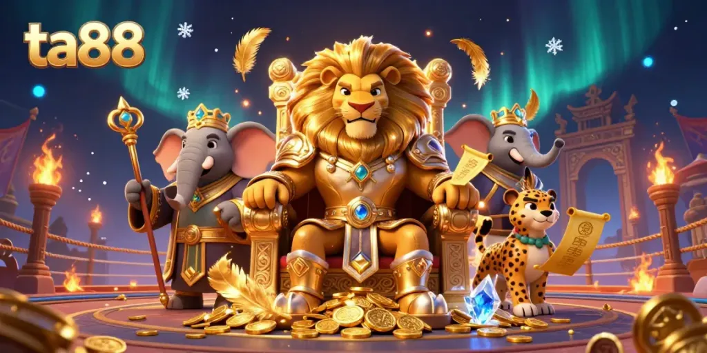 Engage in thrilling gameplay with ta88, featuring a lion king and his advisors amidst a dynamic casino atmosphere.
