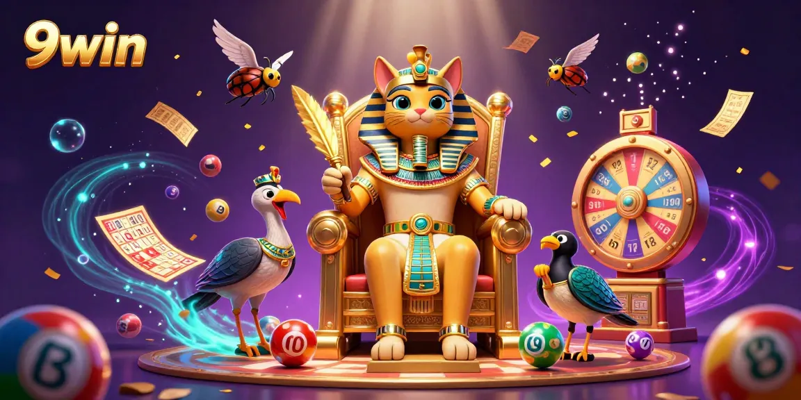 Engage with lottery excitement in 9win's vibrant 3D illustration featuring a pharaoh cat and colorful game elements.