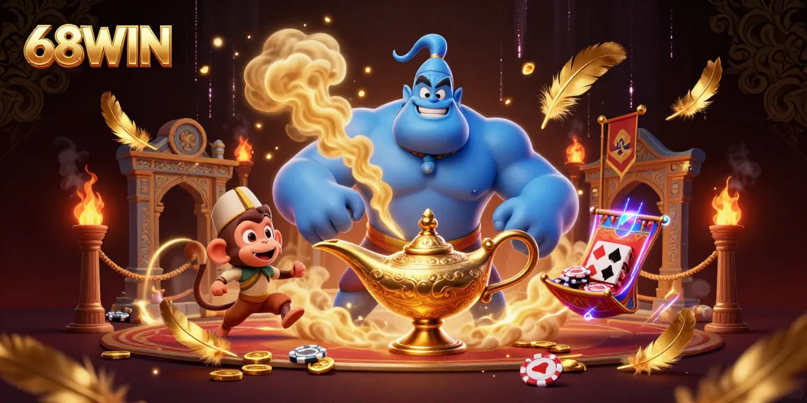 Experience 68WIN's vibrant casino world with genies, poker chips, and thrilling action.