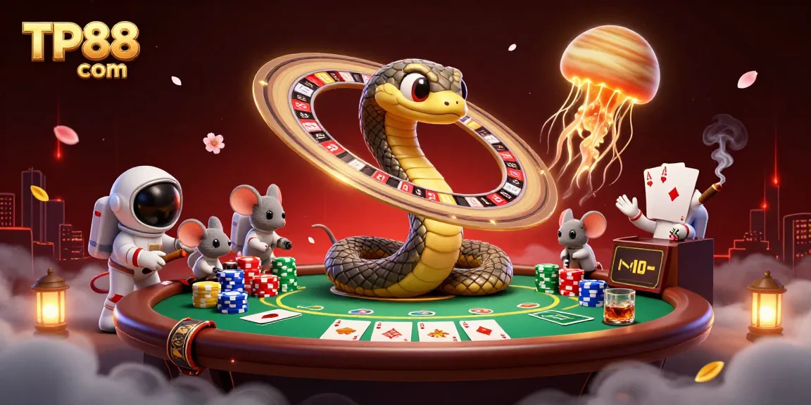 Bet on TP88 com with engaging characters and vibrant casino elements in this 3D illustration.