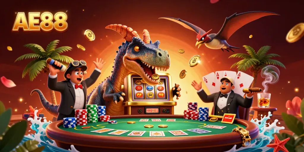 Experience AE88 casino dynamics as a pachycephalosaurus headbutts a slot machine, coins cascade, and excitement fills the scene.