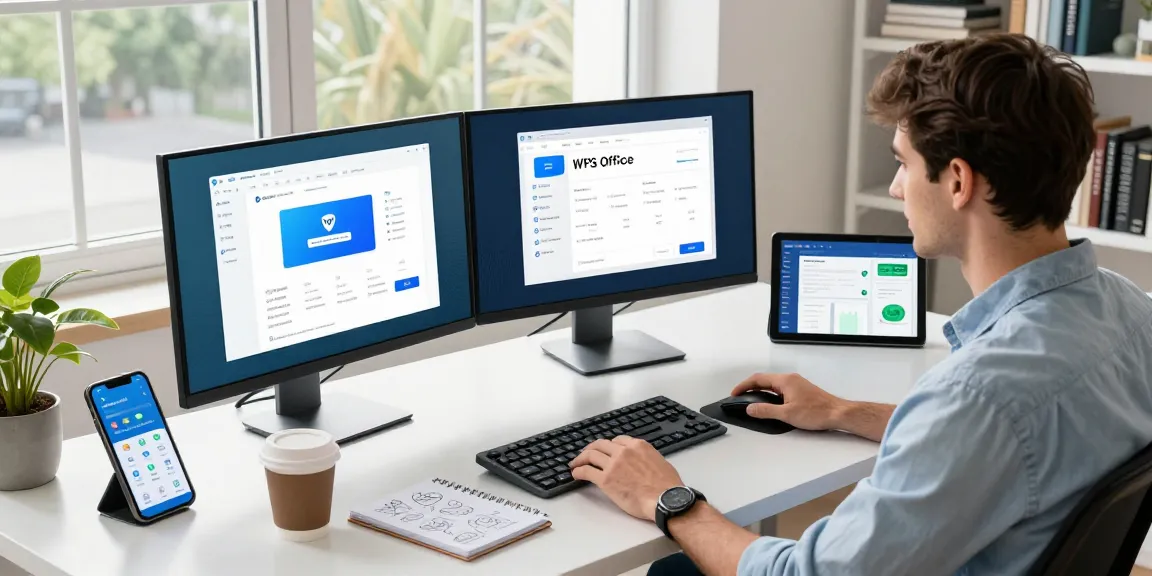 Explore the WPS Download interface in a vibrant tech workspace featuring dual monitors and productivity tools.