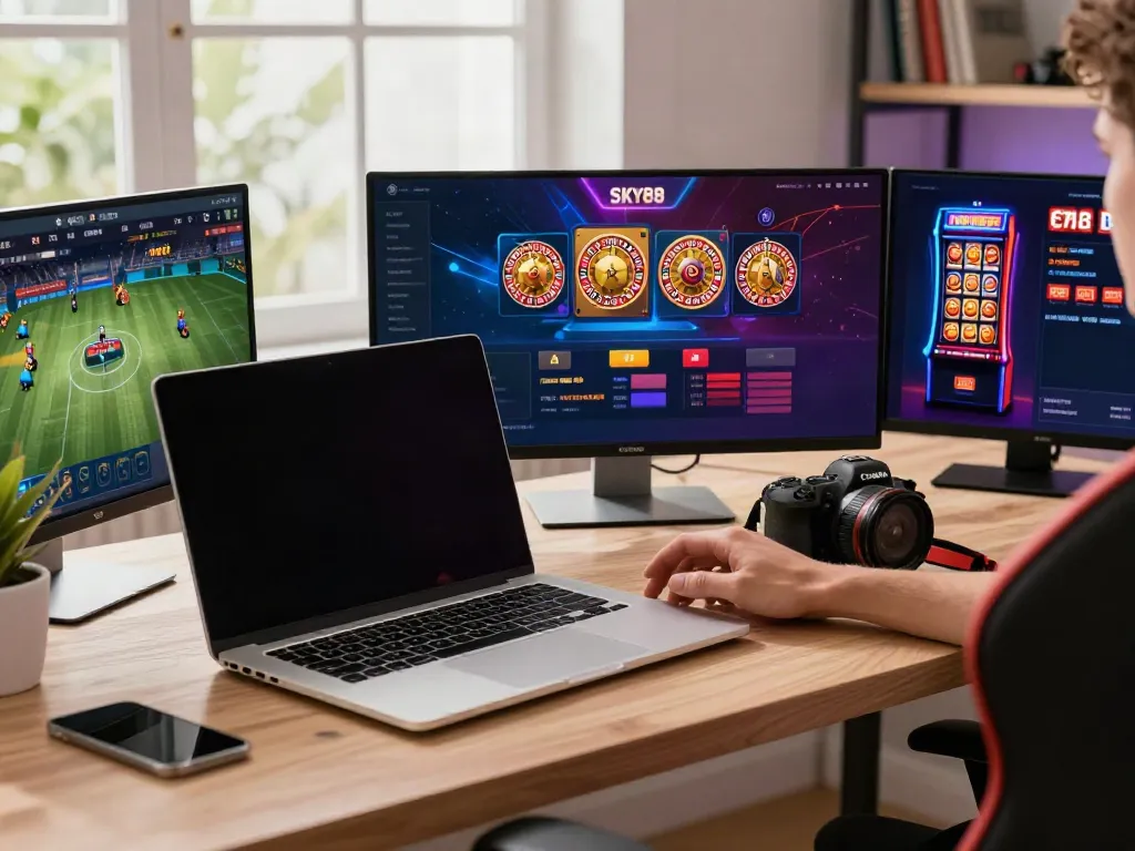 Engaging user on SKY88 platform with vibrant gaming elements and modern technology.