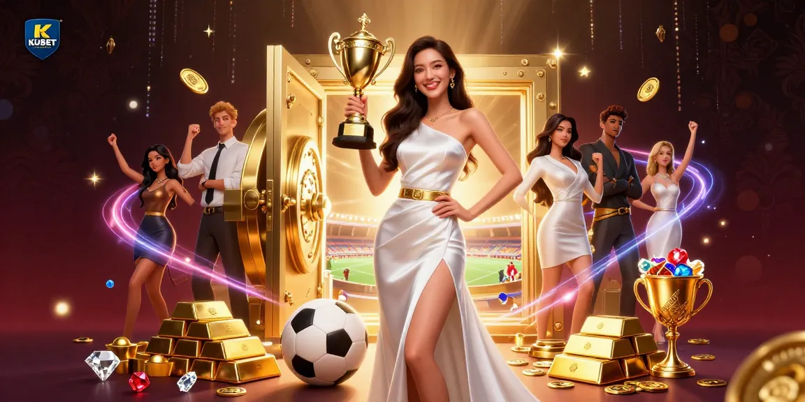 KUBET shines with a stunning Asian woman winning in a vibrant, packed casino illustration, exuding confidence and excitement.