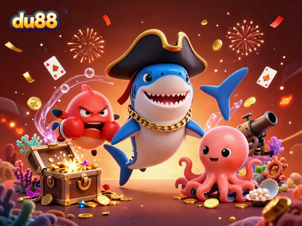 Capture the excitement of du88 with a vibrant scene featuring a pirate shark, pufferfish, and octopus amid treasure and gaming elements.