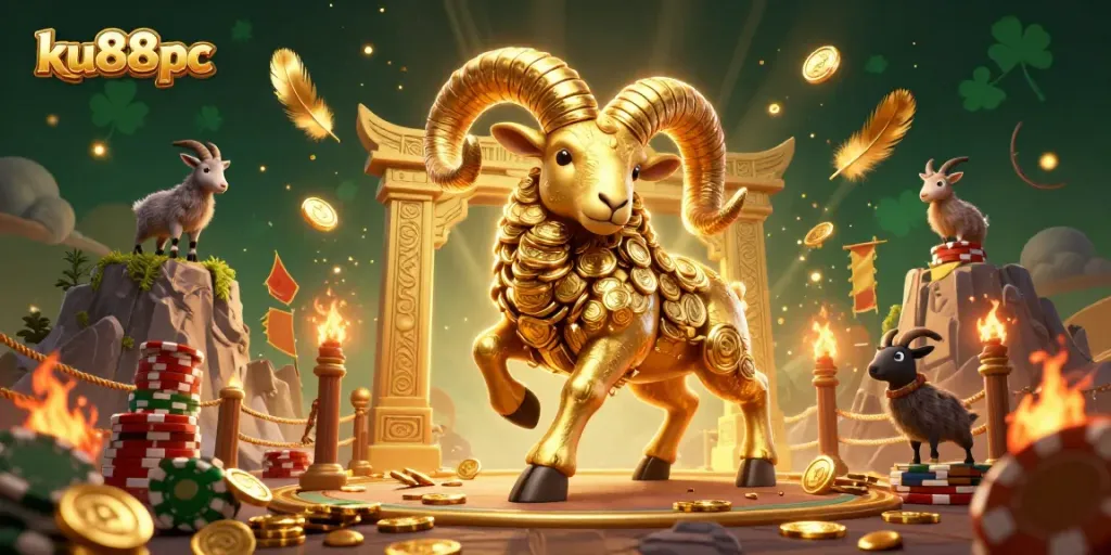 Experience the excitement of ku88pc with a dynamic scene featuring a golden ram charging through an ornate temple gate.