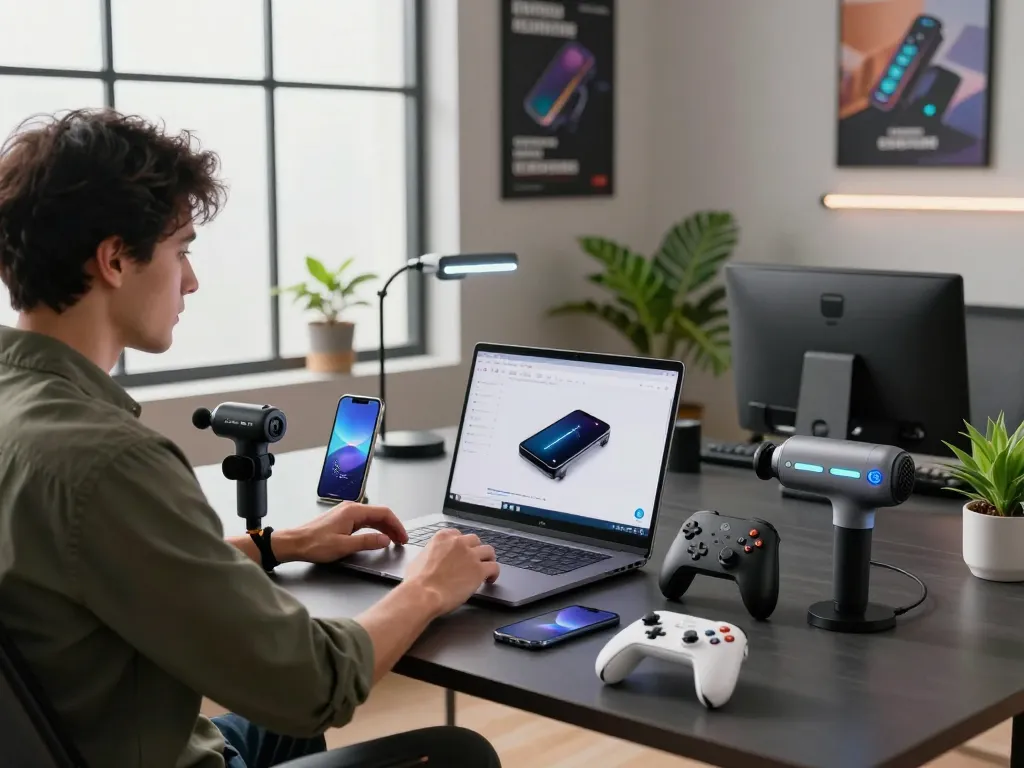 Showcase of must-have tech gadgets in a modern workspace with Bluetooth devices and sleek design.