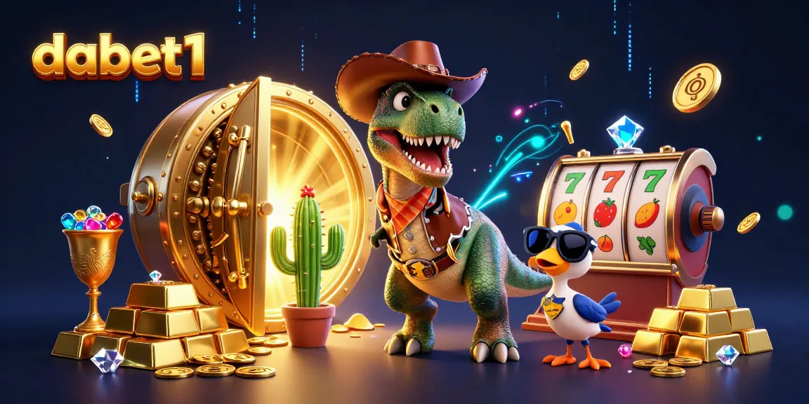 dabet1 showcases an electrifying casino scene with a cowboy dinosaur and treasures bursting with gems.