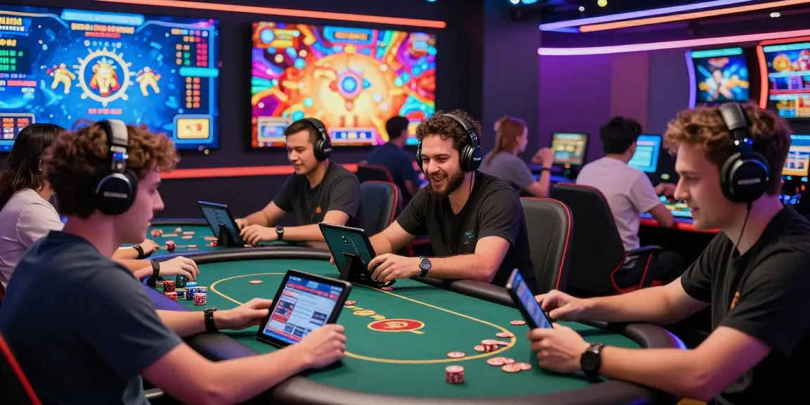 Engaged players thrillingly gaming at HAYWIN's virtual casino with vibrant displays and modern equipment.