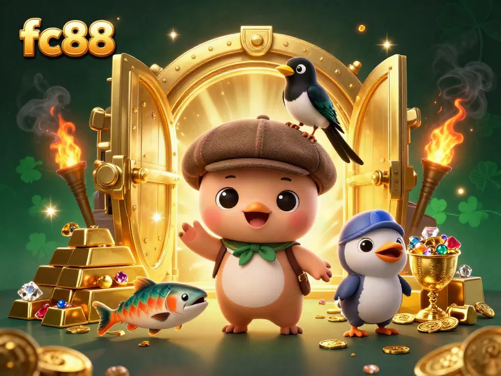 Engage with the captivating world of fc88 surrounded by vibrant casino treasures and charming characters.
