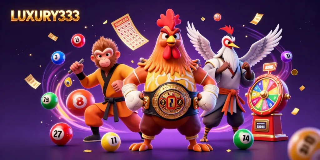 Bermain di LUXURY333 sambil menikmati keberuntungan dengan bola lotere berwarna-warni dan dikelilingi suasana kasino yang meriah.