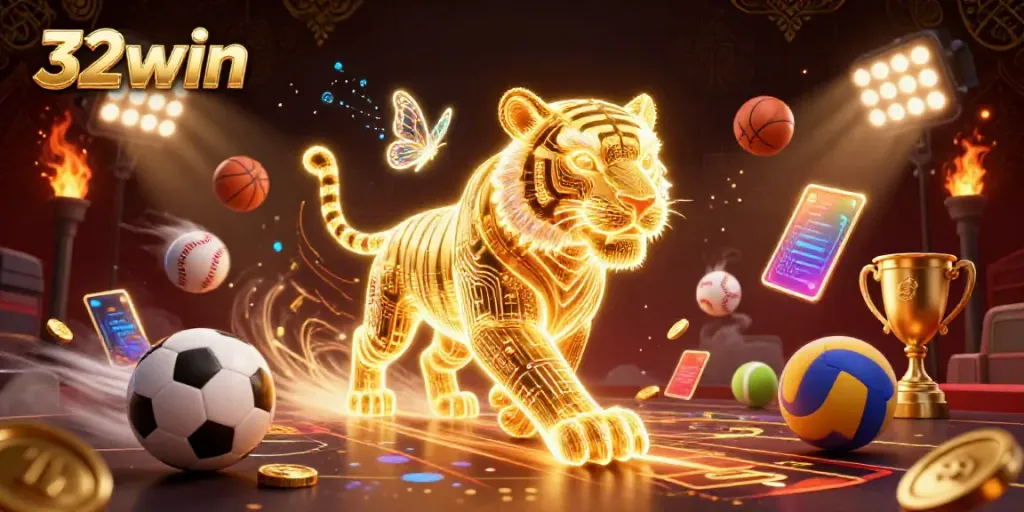 Experience the vibrant action of 32win in a dynamic casino scene with golden tiger and sports elements.