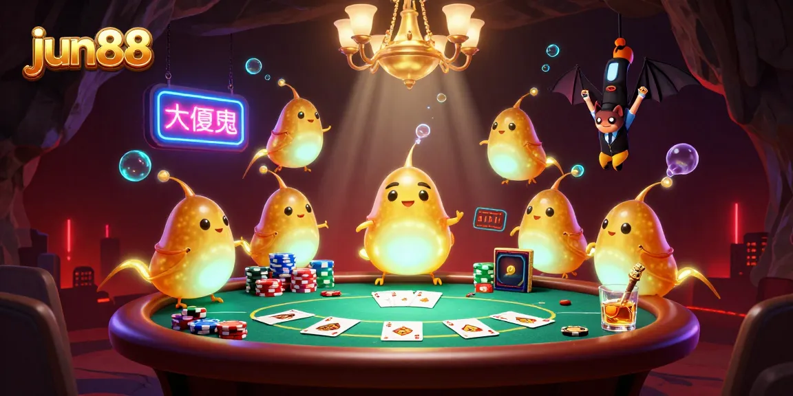 Engage in thrilling poker action with glowworms illuminating jun88 casino's vibrant atmosphere.
