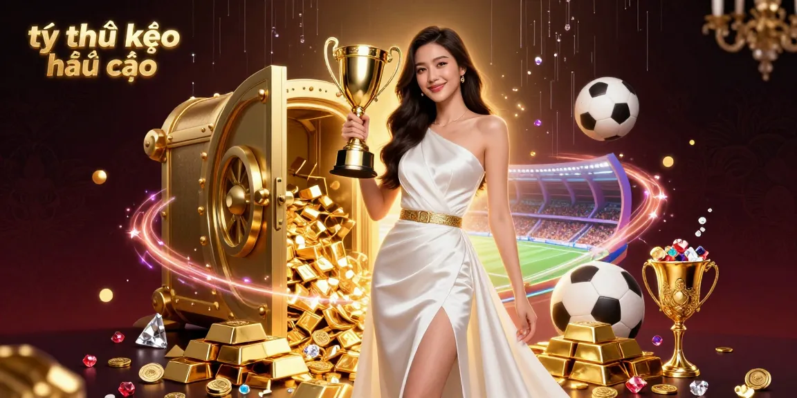 Bet on tỷ lệ kèo nhà cái with a victorious Asian woman holding a trophy surrounded by sports elements.