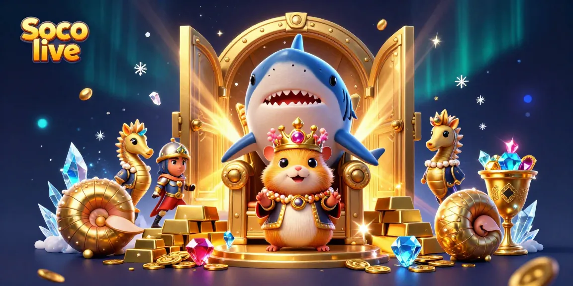 Engage with Soco live's dynamic gaming scene featuring a golden hamster king amidst treasures.