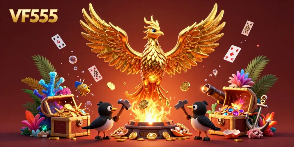 Experience the excitement of VF555 as the golden phoenix and assistants forge coin rewards in a vibrant, casino-inspired scene.