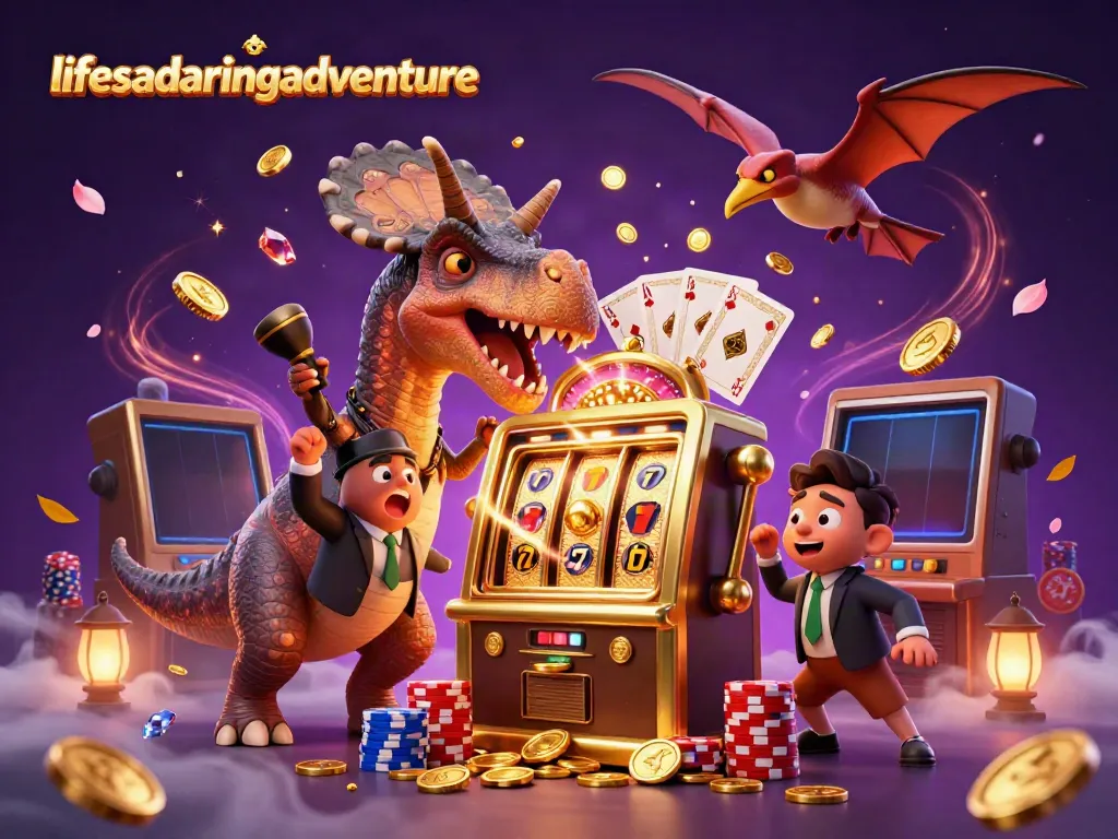 Permainan slot jackpot dengan lifesadaringadventure menampilkan dinosaur yang berinteraksi.