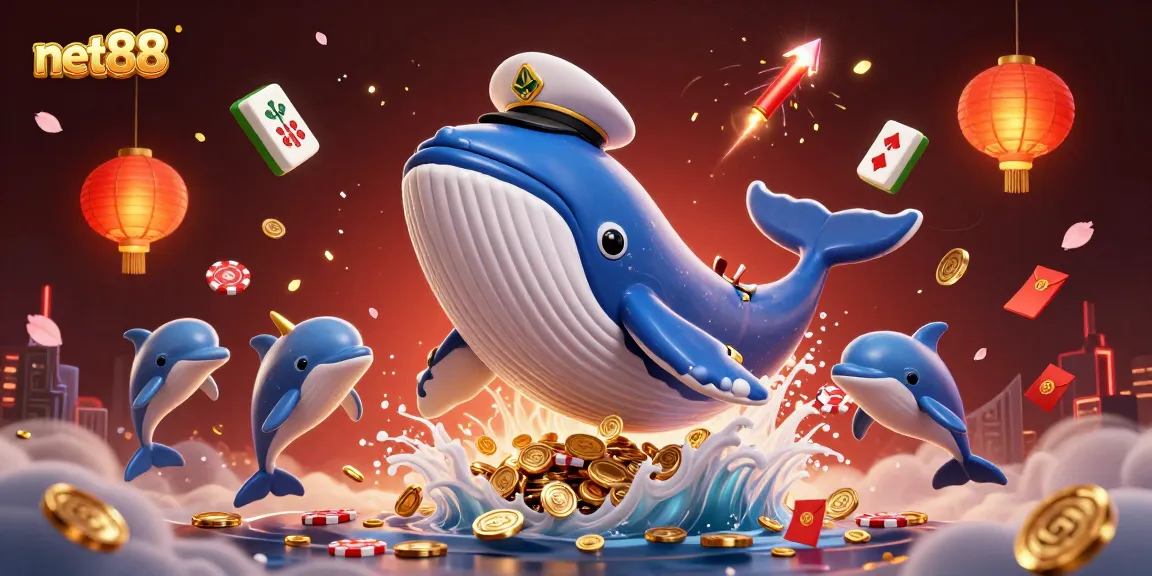Experience the excitement of net88 at this vibrant cartoon casino scene featuring a whale and playful dolphins!