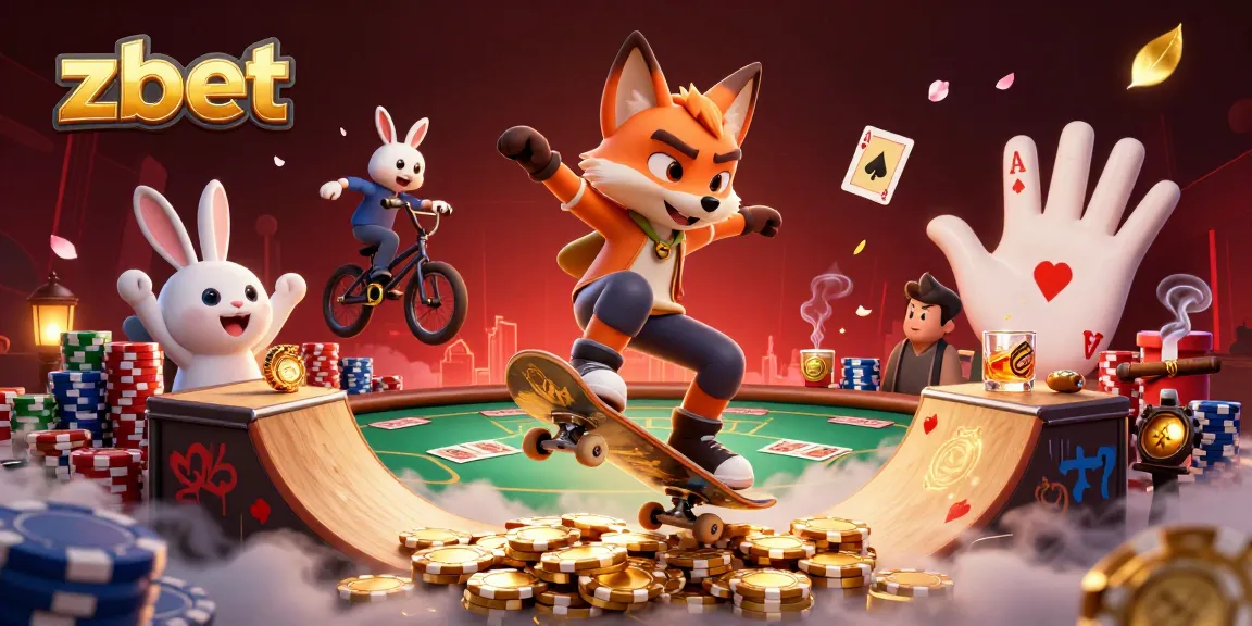 Zbet showcases a vibrant casino-themed action scene with characters performing tricks among poker elements.