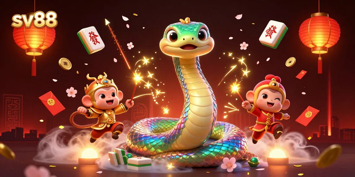 sv88 brings luck with a vibrant illustration featuring a rainbow serpent and monkey king amidst casino elements.