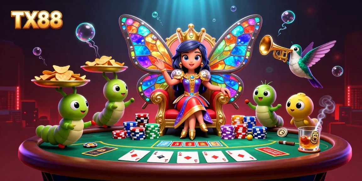 TX88 poker scene with butterfly queen among vibrant casino elements and rich detail.