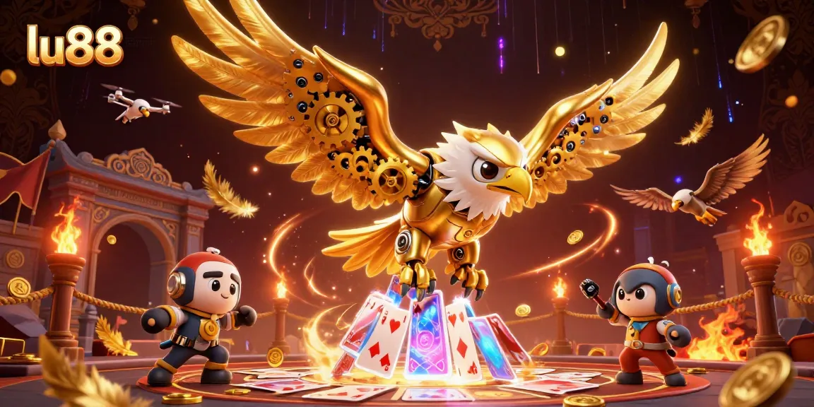 Experience the excitement of lu88 with a cybernetic eagle soaring through a vibrant casino scene.