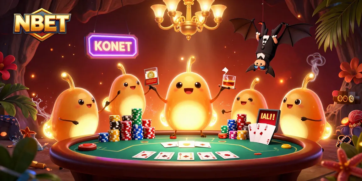 Engage with the NBET adventure in a vibrant cave casino illuminated by glowworms and dynamic poker elements.