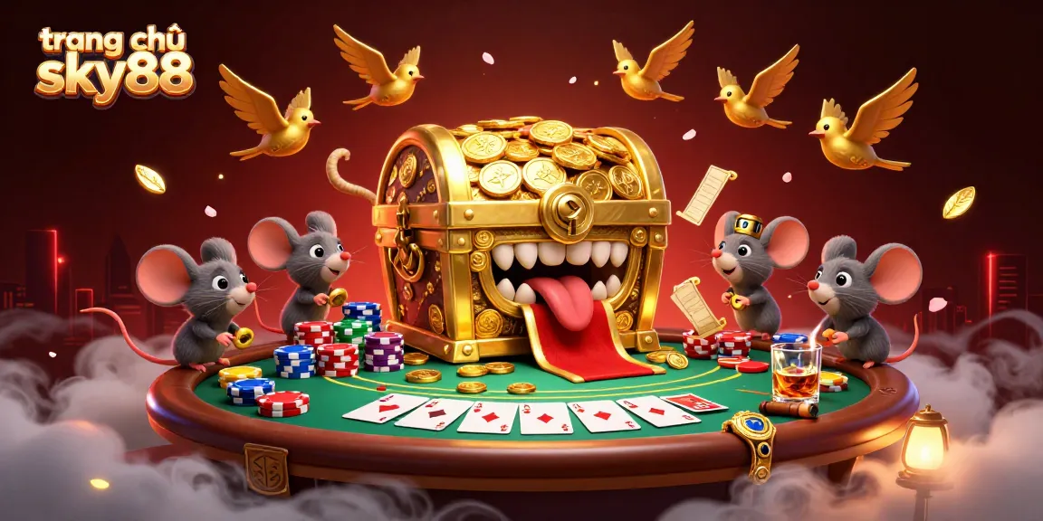 Experience the thrill of trang chủ sky88 with a vibrant, rich illustration showcasing a unique treasure chest and poker elements.